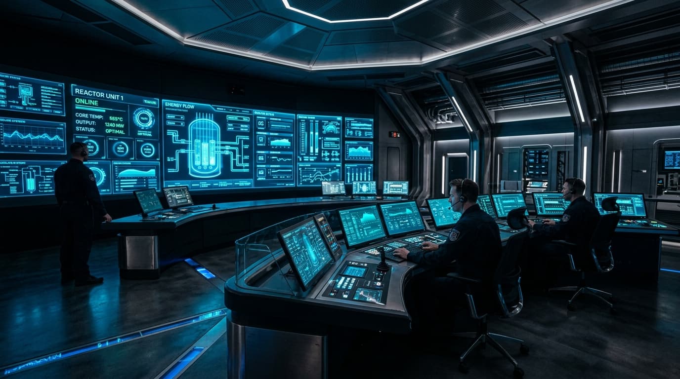 Modern nuclear power plant control room at dusk with advanced analytical displays.